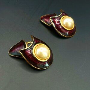 Vintage Purple Enamel Dangle Clip-On Earrings, Faux Pearl, Unsigned
